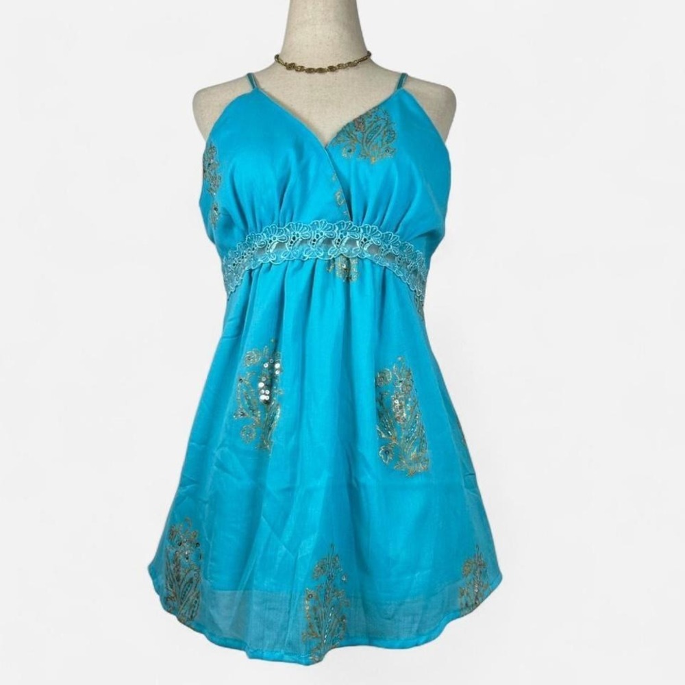 Y2K Lace Trim Blue Embellished Fairy Babydoll Top Womens L Coquette
